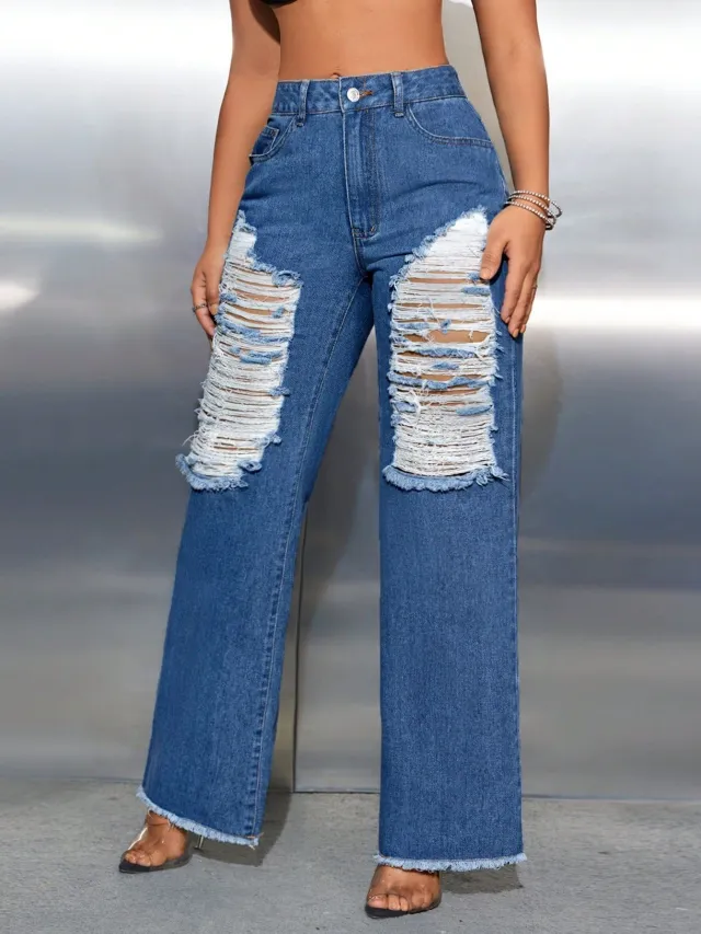 Leisure Ripped Wide Leg Denim Trousers Dark Blue - Shop at LoveMi
