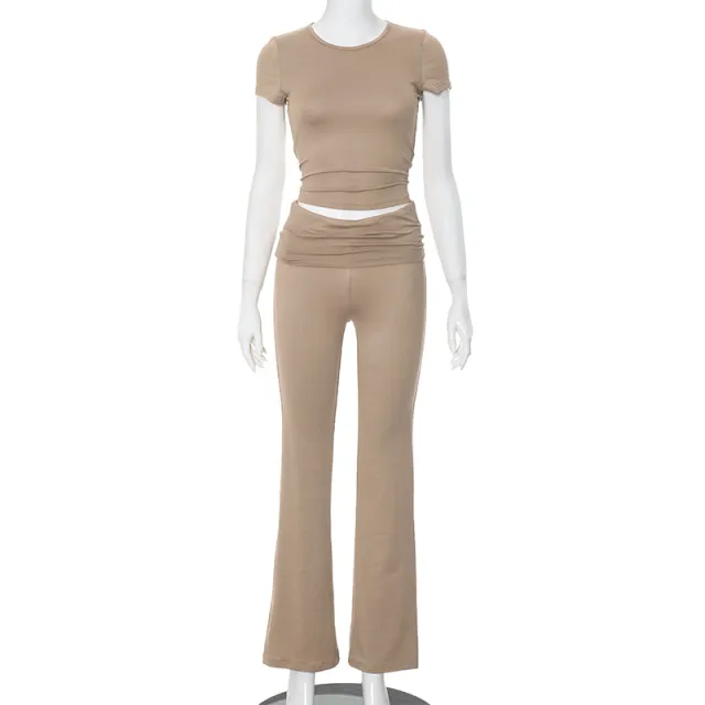 Solid Color Midriff baring Short Sleeve Waist Pants Suit Brown - Shop at LoveMi