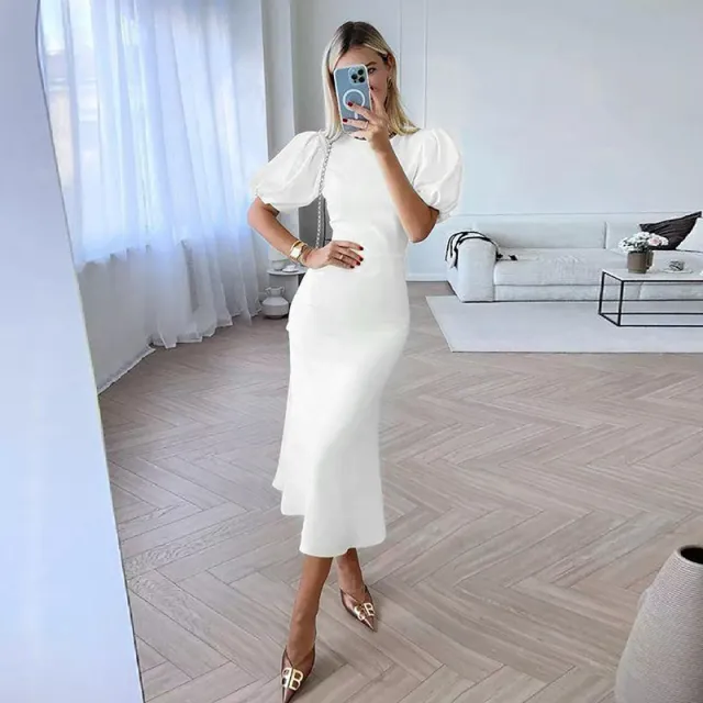 Round Neck Puff Short Sleeve Dress Fashionable Elegant Slim High Waist Beige - Shop at LoveMi