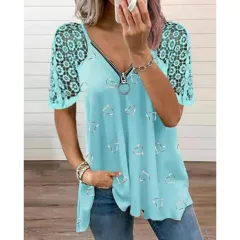 Women's Heart-shaped Pattern Lace Zipper Design T-shirt - Blue - View 1