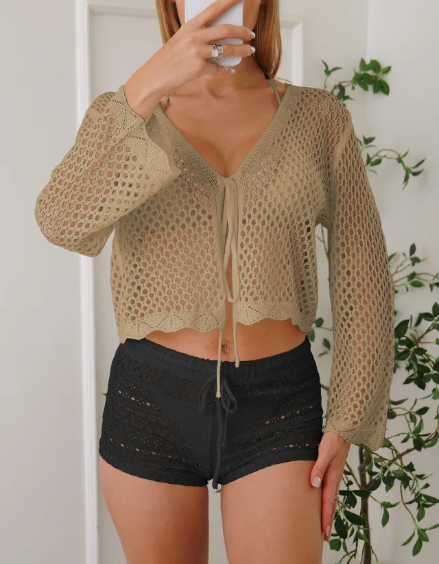 Cotton like Women's Cardigan Hollow Woven Blouse Khaki - Shop at LoveMi