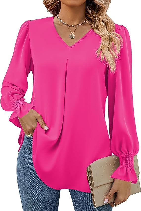 Women's Fashion Casual Solid Color Chiffon Shirt V-neck Long Sleeve Top - Image 9