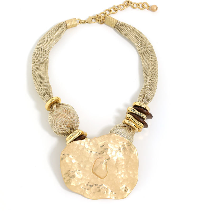 Womens Gold Mesh Chain Necklace With Hammered Pendant