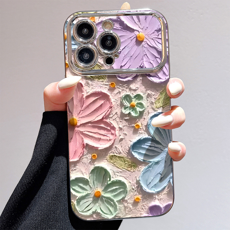 Large-screen-compatible Electroplated Flower Phone Case Protector With Oil Painting Design Drop-resistant