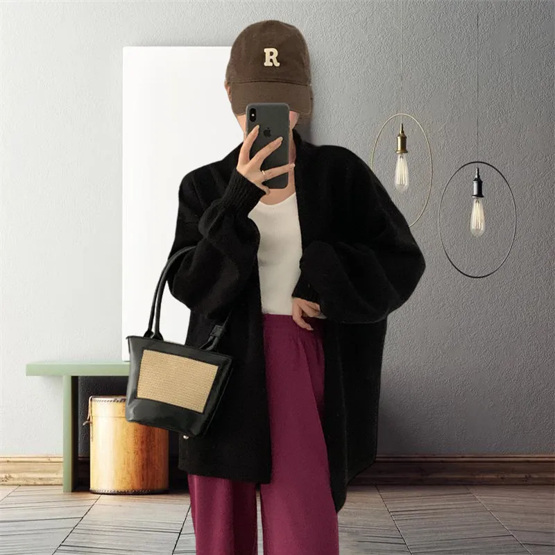 Women's Korean Style Puff Sleeve Solid Color Sweater Drop-shoulder Coat - Black
