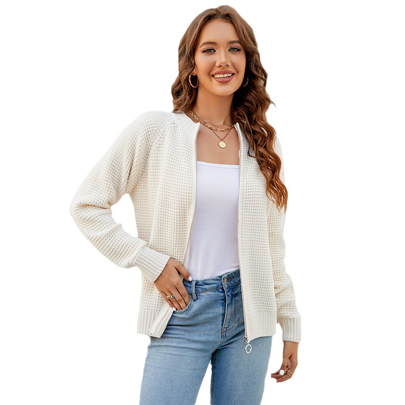 Sweater Cardigan Women's Solid Color Zipped Round Neck Knitwear Coat