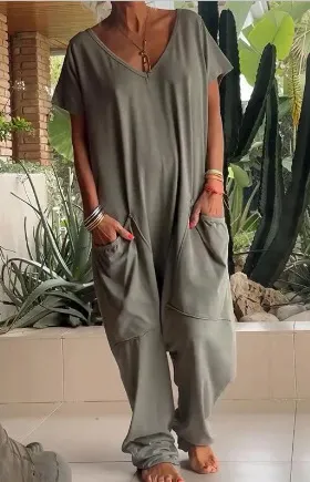 European And American Solid Color And V neck Oversized Pocket Low grade Jumpsuit Army Green - Shop at LoveMi