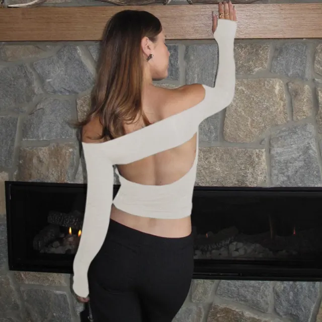 Solid Color Pullover Off the shoulder Long Sleeve Hollow Out White Y22Tp448 - Shop at LoveMi