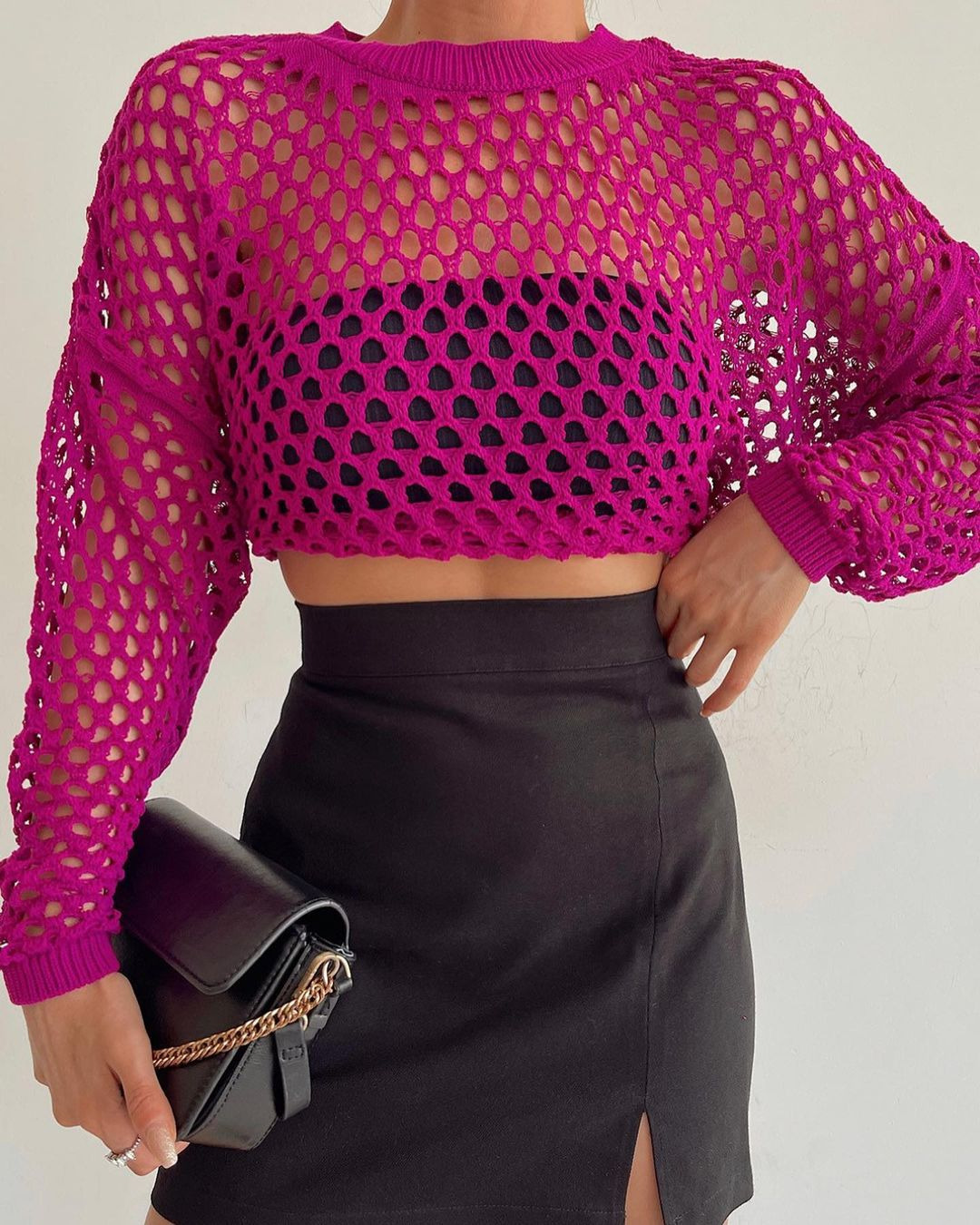 Women's Stylish Loose Round Neck Hollow Out Sweater Rose - Shop at LoveMi