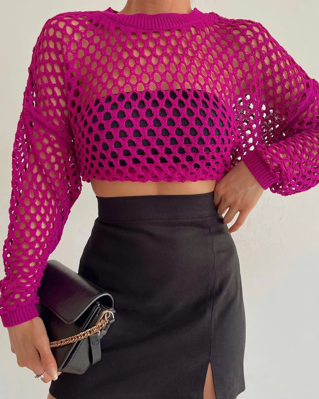 Women's Stylish Loose Round Neck Hollow Out Sweater - Rose