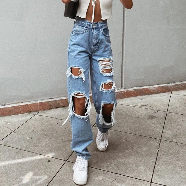 Women's American Retro Hole-punched Jeans Women High Waist Straight-crotch Loose Slim Design High-street Vibe Wide-legged Dragging Pants - Blue