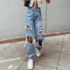 Women's American Retro Hole-punched Jeans Women High Waist Straight-crotch Loose Slim Design High-street Vibe Wide-legged Dragging Pants - Blue - View 1