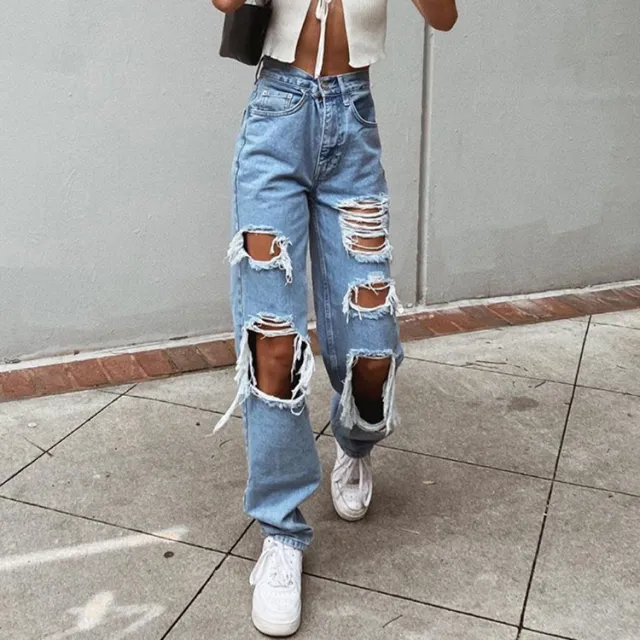 Women's American Retro Hole punched Jeans Women High Waist Straight crotch Loose Slim Design High street Vibe Wide legged Dragging Pants Blue - Shop at LoveMi
