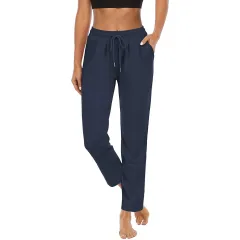 Women's Solid Colour Pocket High Top Sports Fitness Yoga Wide Leg Cropped Pants - Dark Blue Trousers - View 1