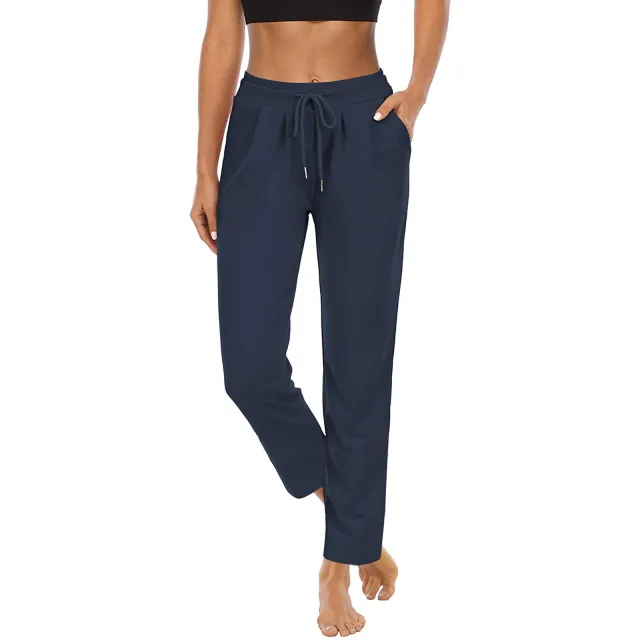 Women's Solid Color Pocket High Top Sports Fitness Yoga Wide Leg Cropped Pants Dark Blue Trousers - Shop at LoveMi