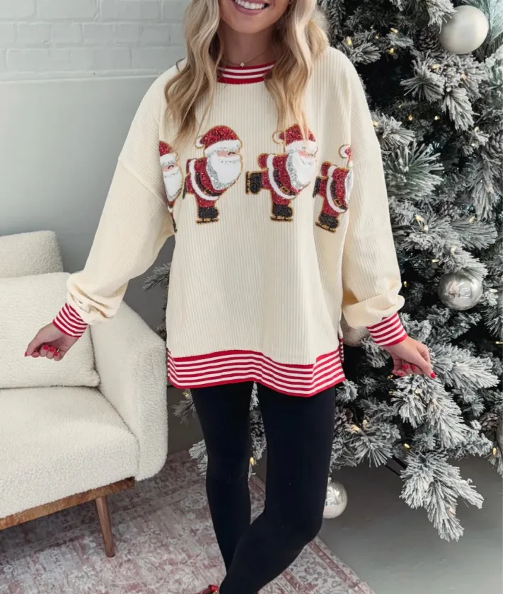 Santa Skating Sweater Sequined Gilding - White
