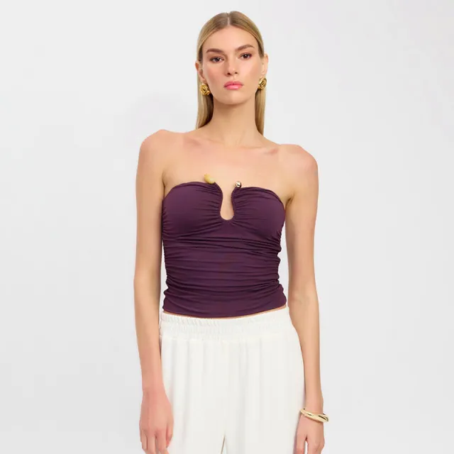 Solid Color Chest wrapped Backless Pleated Agate T shirt Purple - Shop at LoveMi