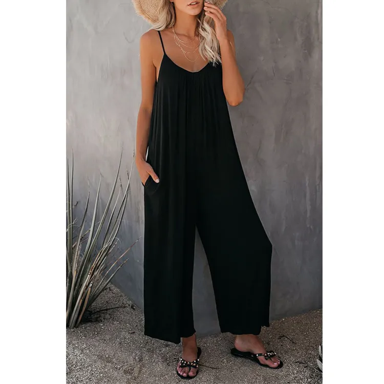 Women's Fashion Solid Colour Pocket Loose Casual Sling Jumpsuit - Black
