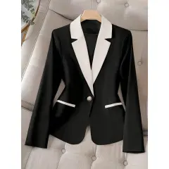 Women's Black And White Contrast Lapel Single Button Suit Top - Black - View 1