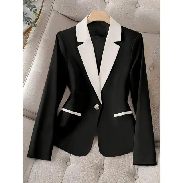Women's Black And White Contrast Lapel Single Button Suit Top Black - Shop at LoveMi