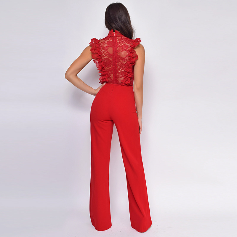 Women's Stylish High-neck Lace-trimmed Sleeveless Jumpsuit