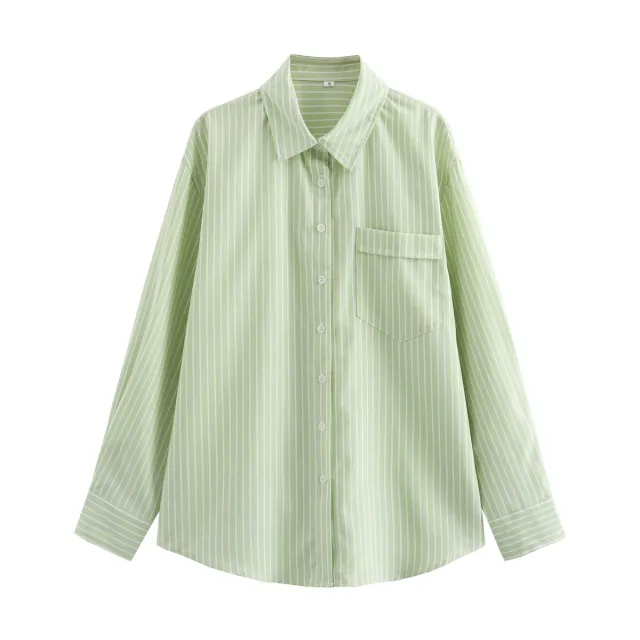 Four color Striped Single mouth Pocket Decoration Loose Women's Shirt Green - Shop at LoveMi