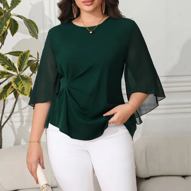 Elegant Fashion Casual Style Plus Size Chiffon Petal Sleeve Short Sleeve T Shirt Dark Green - Shop at LoveMi