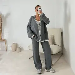 Women's Casual Knitted Single-breasted Two-piece Suit - Dark Grey - View 1