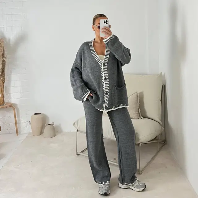 Women's Casual Knitted Single breasted Two piece Suit Dark Gray - Shop at LoveMi