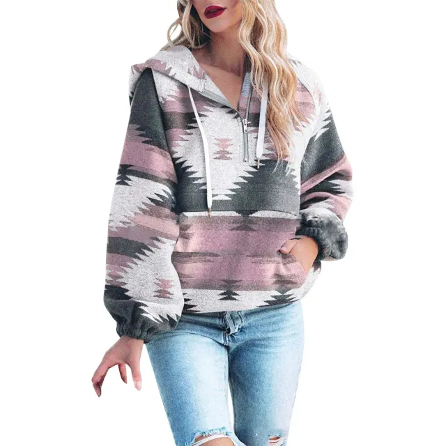 Women's Retro Fashion Half Zip Long Sleeve Sweatshirt M2590805 M - Shop at LoveMi