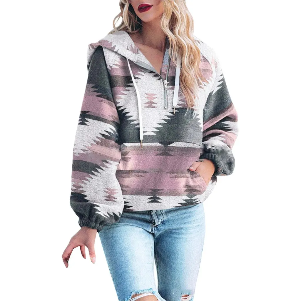 Women's Retro Fashion Half-Zip Long Sleeve Sweatshirt - M2590805-M