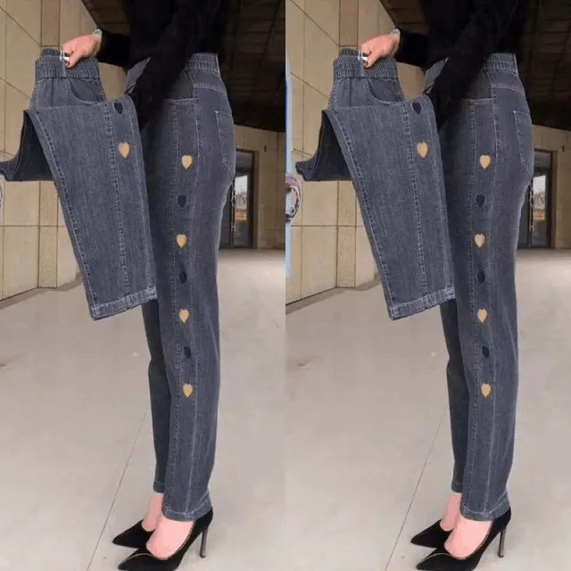 Women's Plus Size Thin High Waist Stretch Jeans 661 Gray Embroidery - Shop at LoveMi