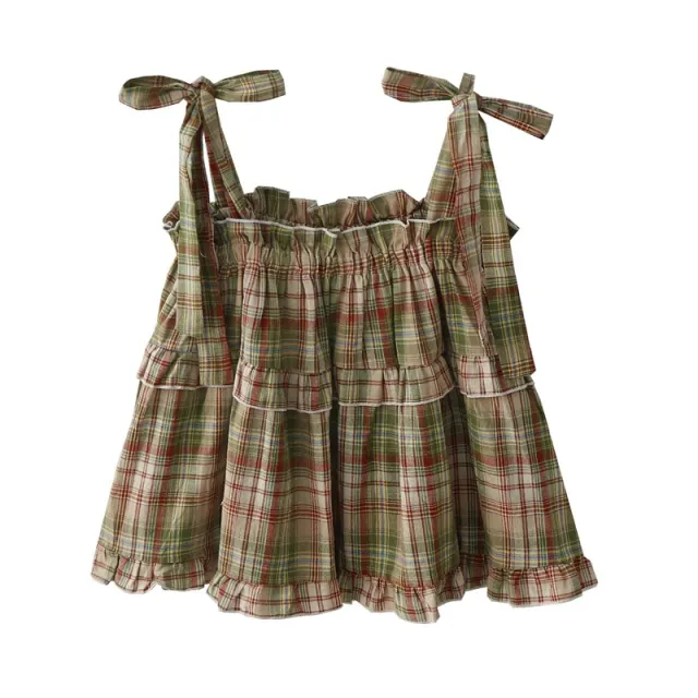 Summer New Mori Girl Bow Tie neck Plaid Spaghetti strap Camisole Top Women Green Plaid - Shop at LoveMi