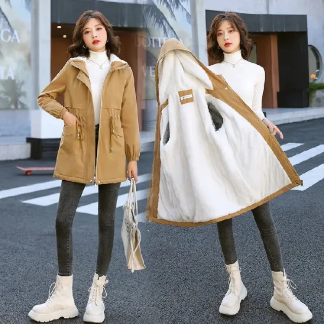 Winter Heavy Industry Fleece lined Mid length Trench Coat Lamb Wool Cotton Coat Khaki - Shop at LoveMi