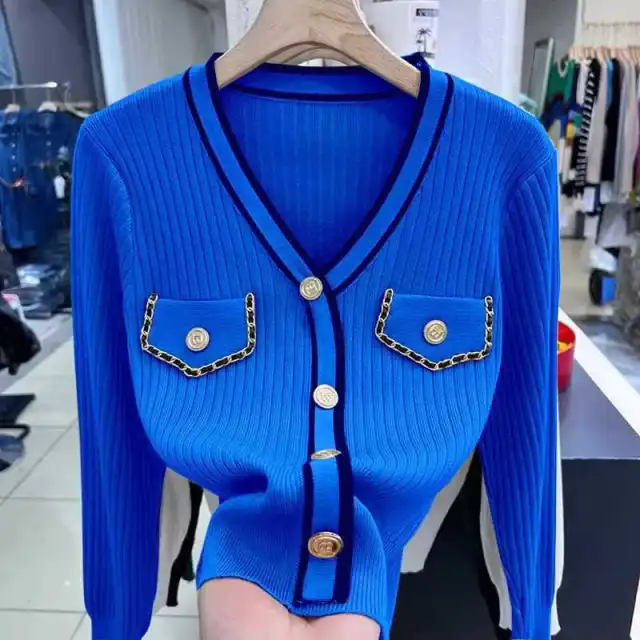 Classic Style V neck Knitted Pullover Women Slim Fit Sweater Blue - Shop at LoveMi