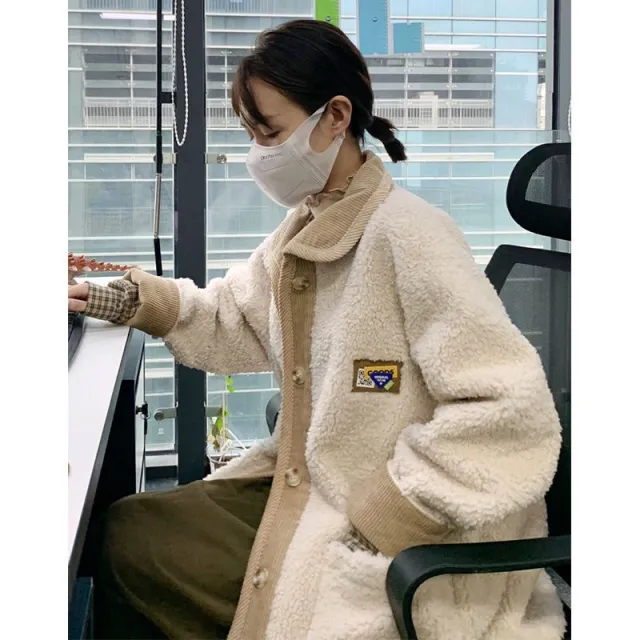 Korean Style Loose Thick Lamb Wool Stitching Corduroy Coat Milky White - Shop at LoveMi