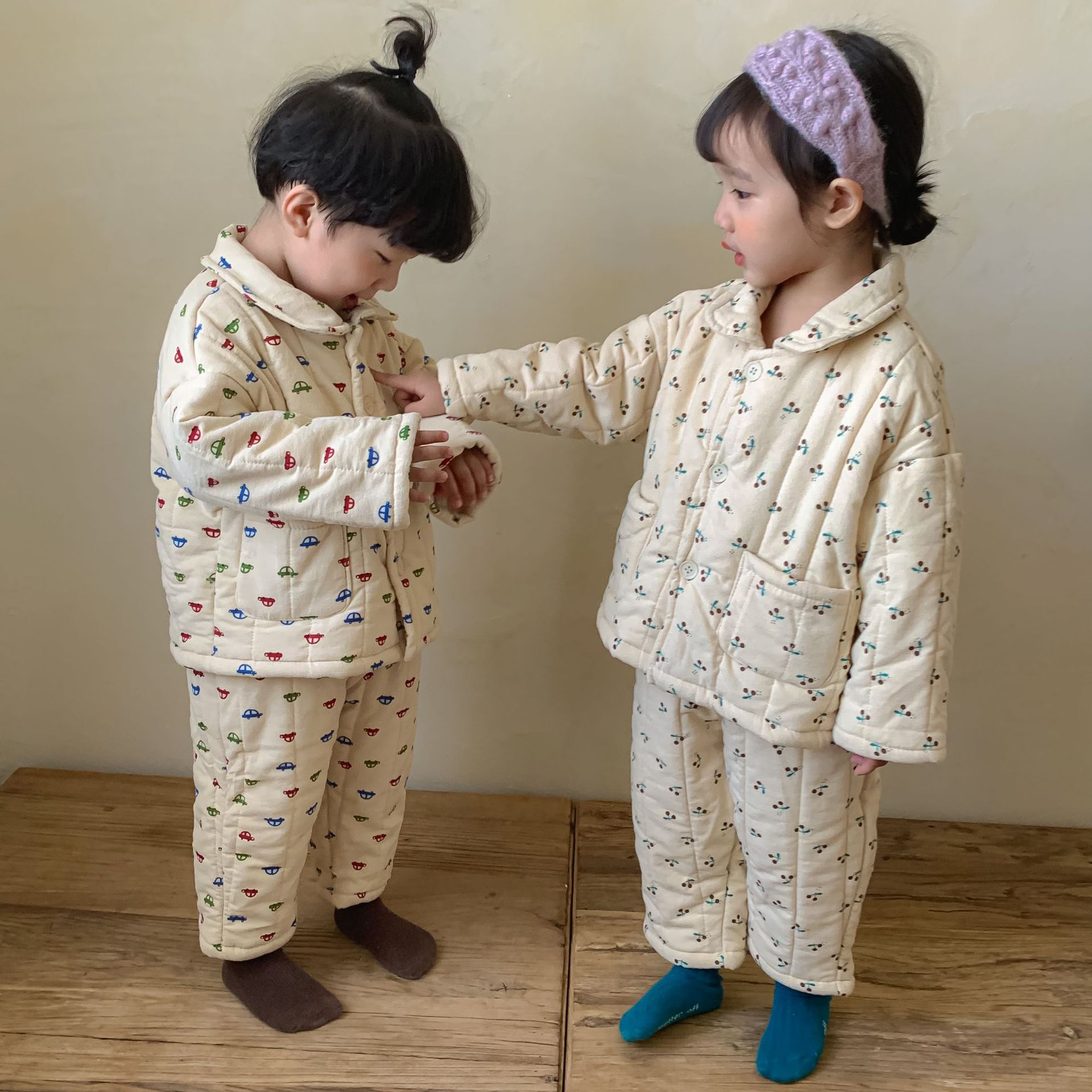 New Fleece-Lined Three-Layer Quilted Pajama Set For Baby Girls And Boys