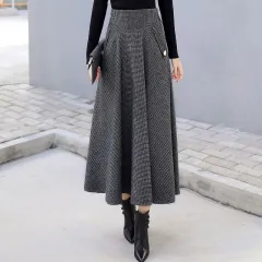 Autumn Japanese Woolen Slimming High Waist Plaid Large Swing Dress - Grey - View 1