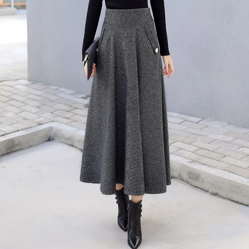 Autumn Japanese Woolen Slimming High Waist Plaid Large Swing Dress - Gray