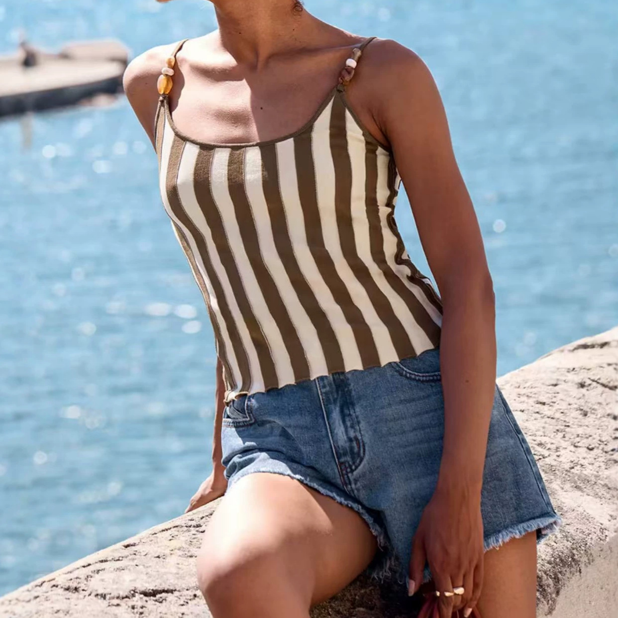 New Striped Knitted Camisole With Wooden-bead Straps For Women