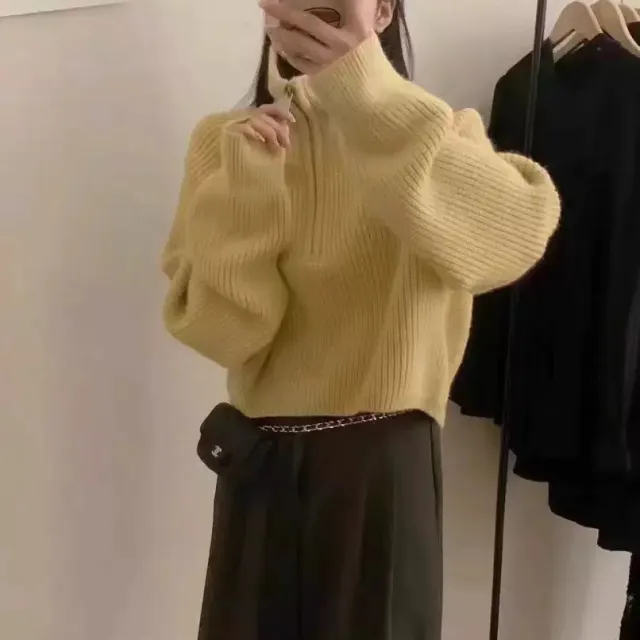 Solid Color Stand Collar Half Zip Design Hem Yellow - Shop at LoveMi