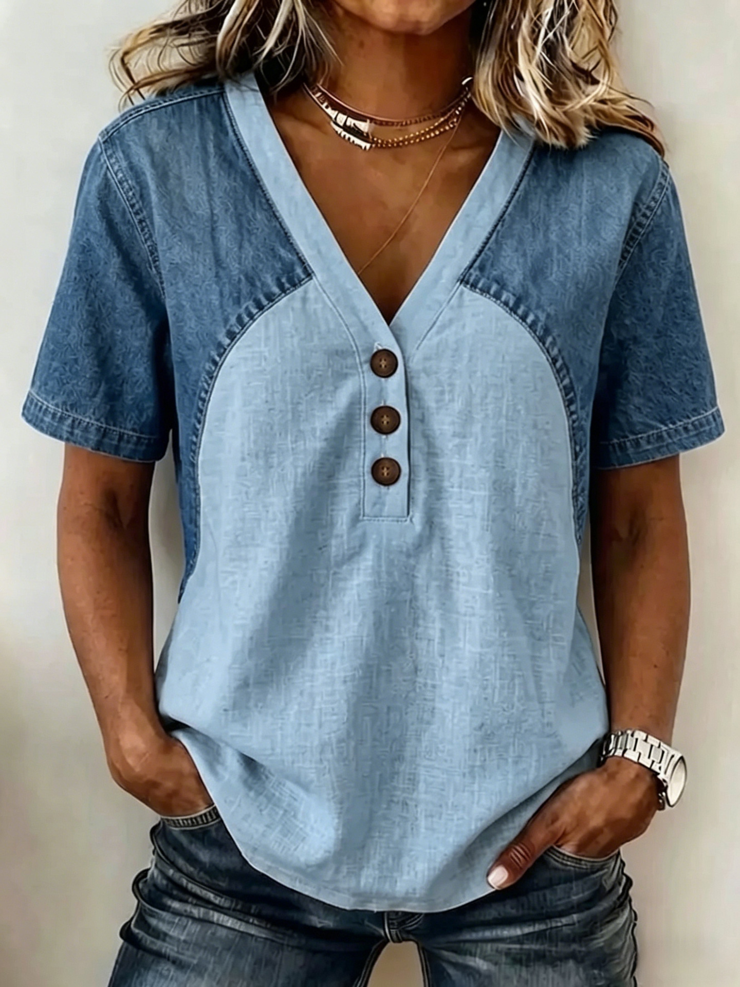 Women's Loose Denim Patchwork Color-Block T-Shirt – Blue colorway front view