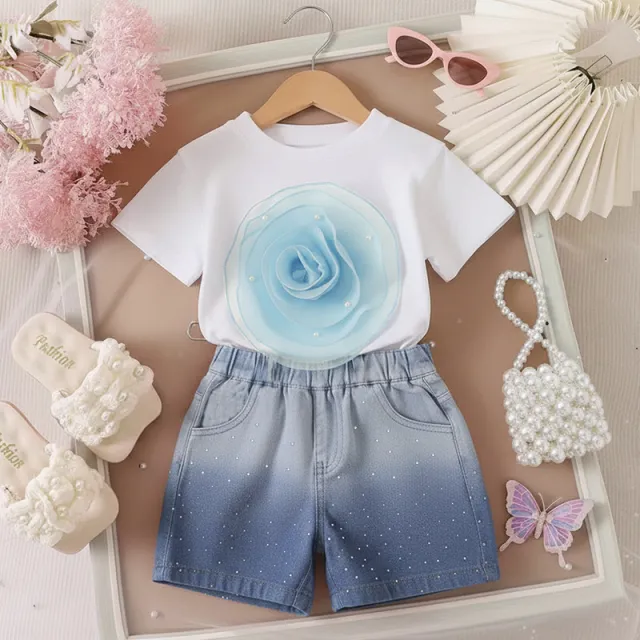 T shirt Gradient Denim Shorts Two piece Set Blue - Shop at LoveMi