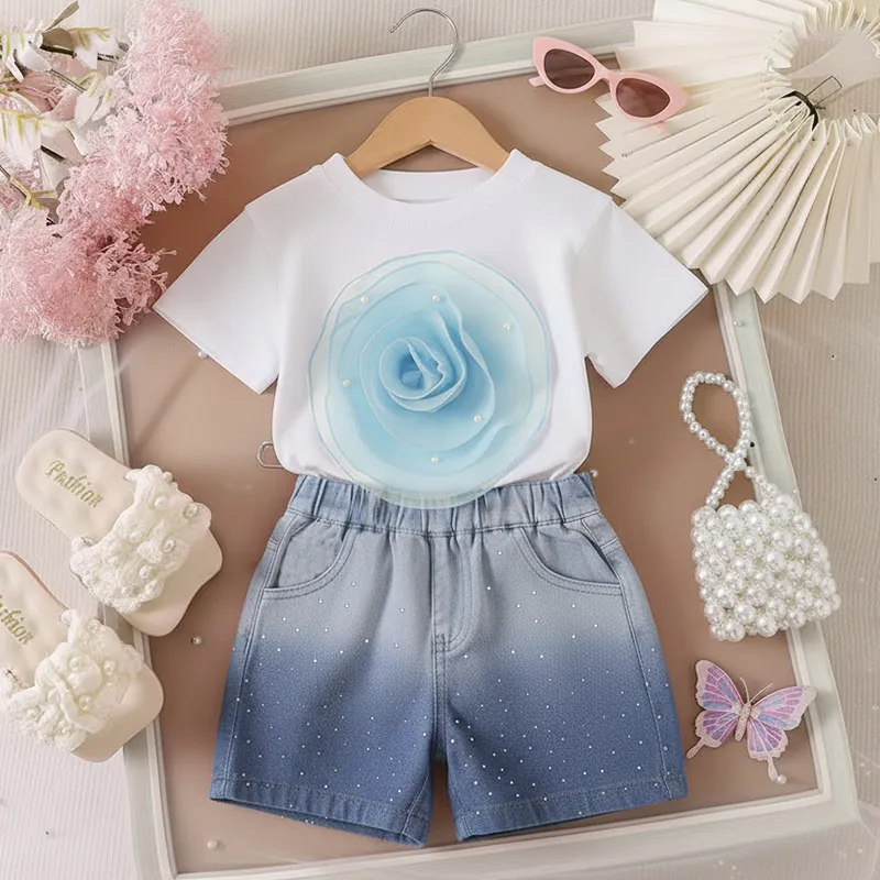 T-shirt Gradient Denim Shorts Two-piece Set - Blue