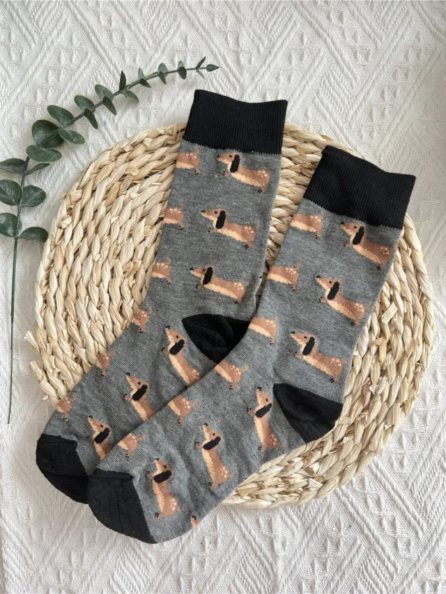 Ladies Gray And Black Splicing Cartoon Puppy Simple Socks Black - Shop at LoveMi
