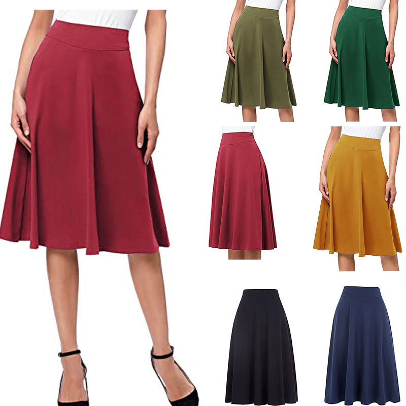 Womens Summer Flared Elastic Mid-Length Skirt