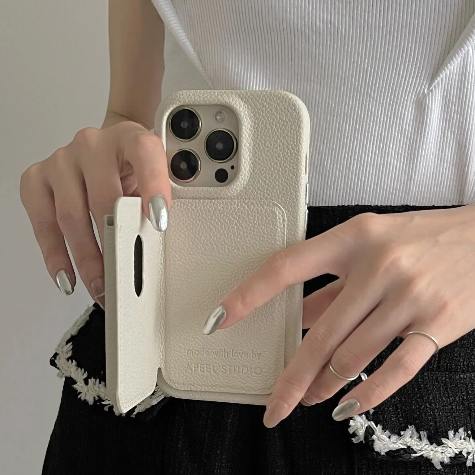 Original Design Beige Litchi Leather Phone Case
