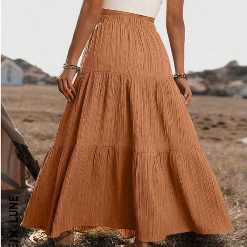 Elastic Waist Comfort Womens Long Tiered Striped Skirt