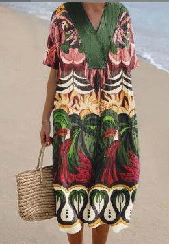 Creative Women Loose Printed V neck Dress B22Qkg23P2G8A124 - Shop at LoveMi