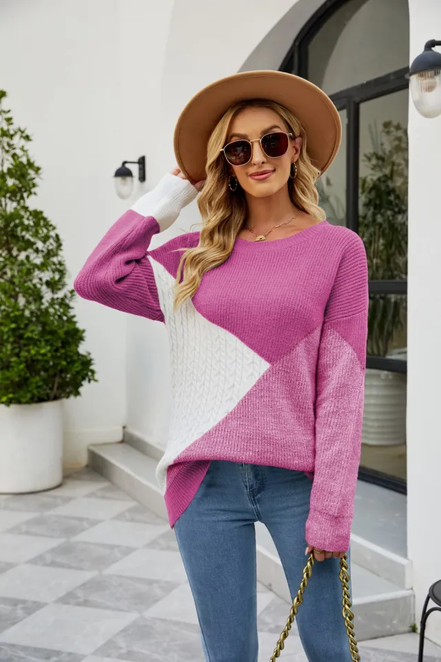 Round Neck Multicolor Women's Knitwear Loose Rose Red - Shop at LoveMi